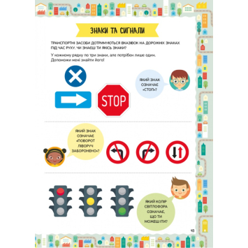 Розворот з ілюстраціями про міський транспорт Схема кварталу з поясненнями для дітей